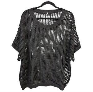 Short sleeve lightweight crochet knit hollow crew neck sweater black XXXL